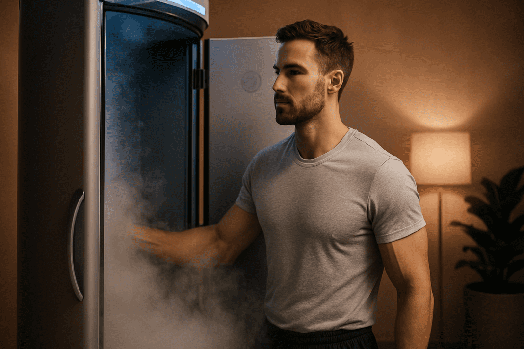 A physically fit man prepares to enter a cryotherapy chamber in a warmly lit wellness center, with ambient lighting casting soft shadows on beige walls and leafy indoor plants, emphasizing the calming environment and the psychological aspect of cryotherapy results.