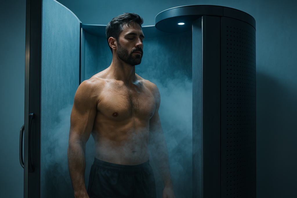 A muscular man stands in a clinical cryotherapy chamber under cool blue lighting, his calm posture and closed eyes emphasizing focus and relaxation during cold exposure, visually representing how cryotherapy results may benefit mental and physical recovery.