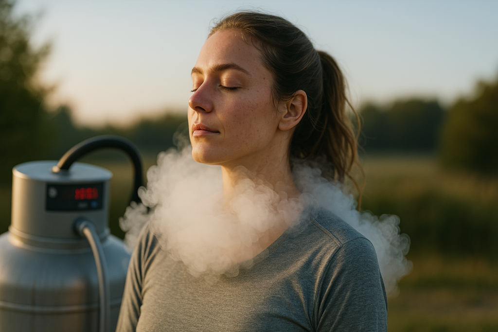  A young woman stands outdoors during a cryotherapy session, enveloped in vapor from a cryo procedure machine as soft morning sunlight illuminates her peaceful face. This photorealistic image captures the intersection of cryotherapy for cancer treatment and biohacking in a serene natural environment.