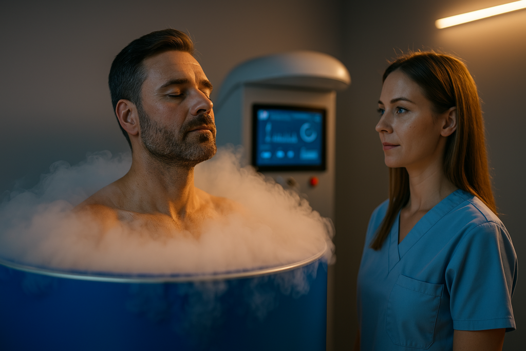 A man undergoes cryo cancer treatment inside a cryotherapy chamber while a technician monitors his response under warm ambient lighting. The scene highlights the clinical precision of the cryo procedure, reflecting its role in biohacking and personalized cancer care.