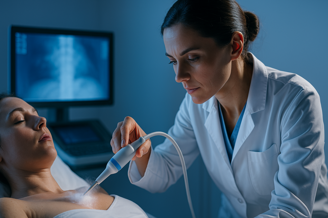 A female doctor applies a cryotherapy probe to a patient's chest in a sterile clinical setting under cool medical lighting, with diagnostic imaging visible in the background. This image illustrates the precise and professional delivery of cryosurgery for cancer, highlighting its role in advanced cryogenic cancer treatment.