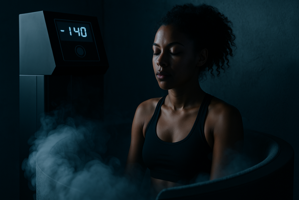 A young African American woman sits peacefully in a cryotherapy chamber, surrounded by cool vapor and moody blue lighting, beside a high-tech control panel. The image reflects the futuristic tone of cryogenic cancer treatment and the growing fusion between cryotherapy and human optimization practices.