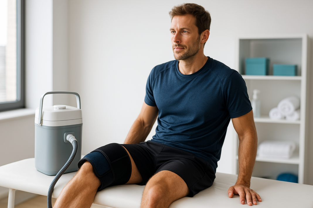 This image features an athletic man in a clinical recovery setting, seated on an examination table while using a knee cold compression therapy device. The cool, clinical lighting and minimalist medical room background emphasize a professional approach to cold therapy knee rehabilitation.