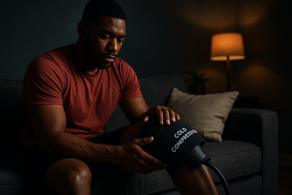 This image depicts a young African American man in a dark living room setting, focused on his recovery while using a knee cold compression therapy device. The dramatic lighting and moody ambiance enhance the contemplative mood, showcasing cold therapy knee care in a calm and restorative evening environment.