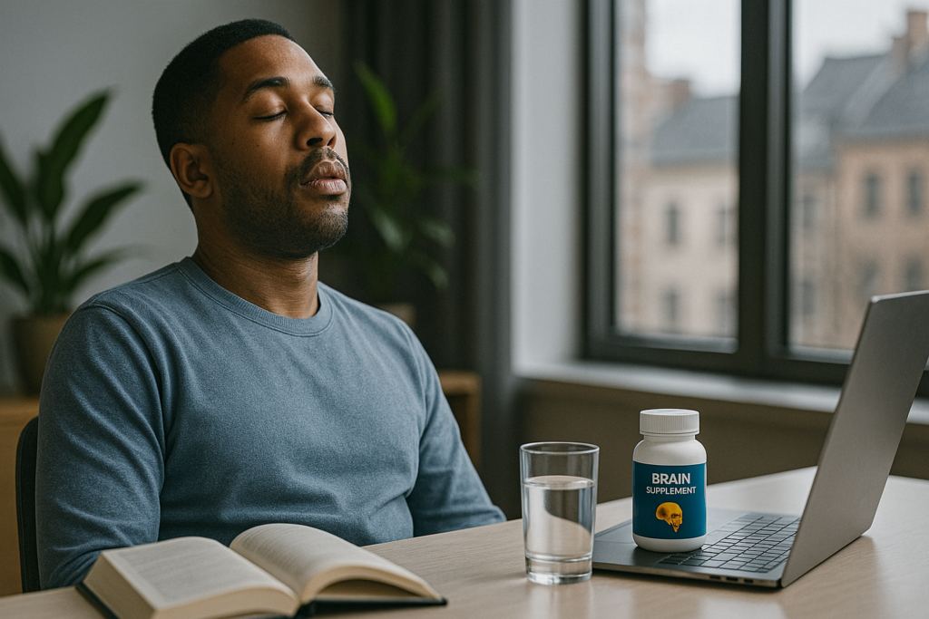 A young African-American man in a soft blue shirt sits upright at a desk with a book, laptop, and a brain supplement bottle in view, his eyes closed in a peaceful expression. Natural daylight highlights the calm atmosphere, hinting at a person falling asleep or experiencing conscious rest.