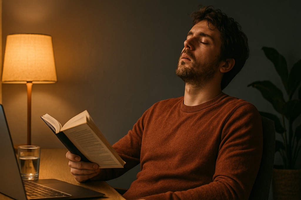 A young Caucasian man in a rust-colored sweater leans back in a chair with a book in one hand, eyes closed and mouth slightly open, under the warm ambient light of a floor lamp. The setting evokes the sensation of REM while awake as he relaxes at his desk.