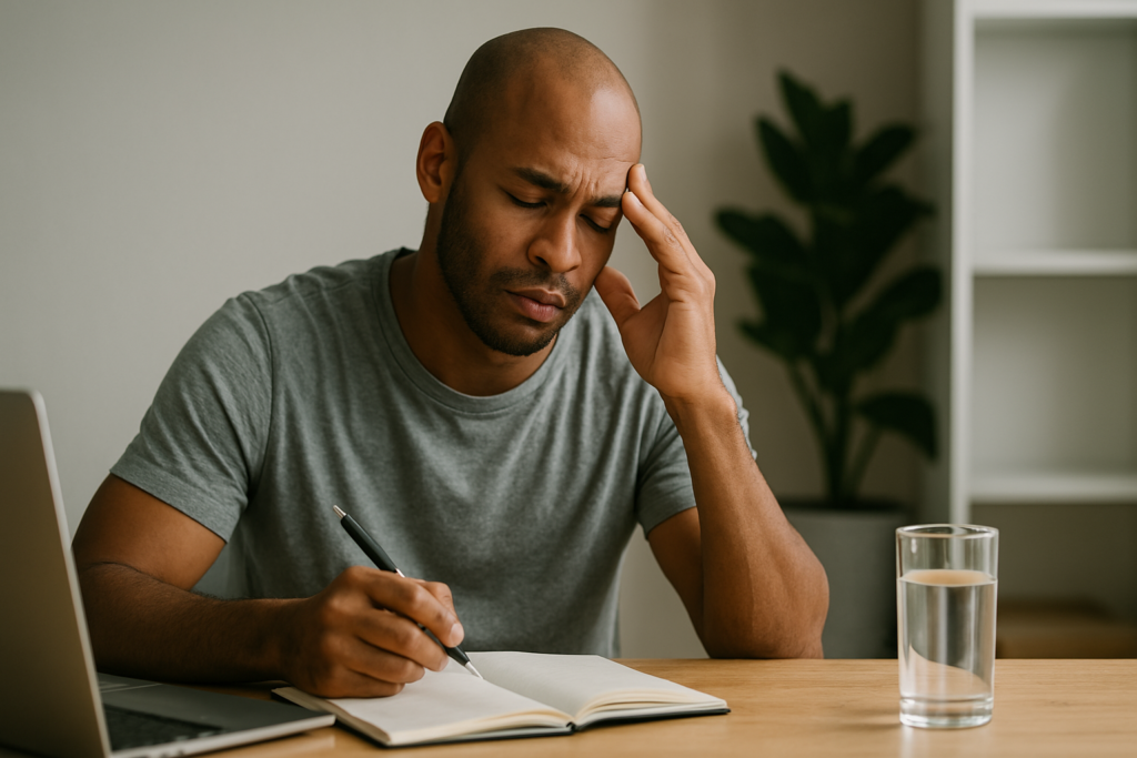 A bald African-American man in a gray t-shirt writes in a notebook at a wooden desk, eyes closed and fingers pressed to his temple, reflecting deep concentration or sleepiness under warm indoor lighting. This image reflects the blurred state between wakefulness and falling into sleep.