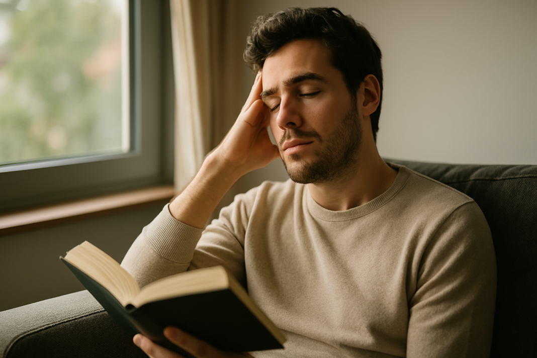 A young man with dark wavy hair and a light beard sits peacefully on a sofa near a window, holding a book and lightly touching his temple, bathed in soft morning light. The scene suggests a person falling asleep as natural sunlight fills the room with calm energy