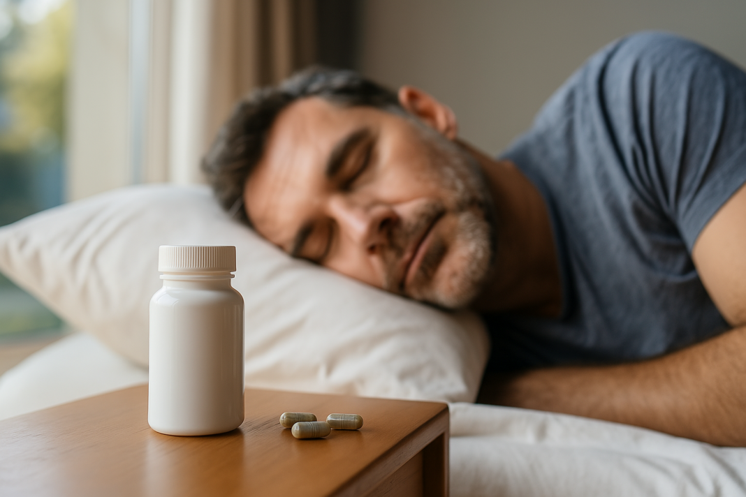 A middle-aged man with light skin sleeps peacefully in a softly sunlit bedroom, with a white pill bottle and green capsules on the bedside table, symbolizing over the counter medicine for sleep apnea in a calm, early morning setting.