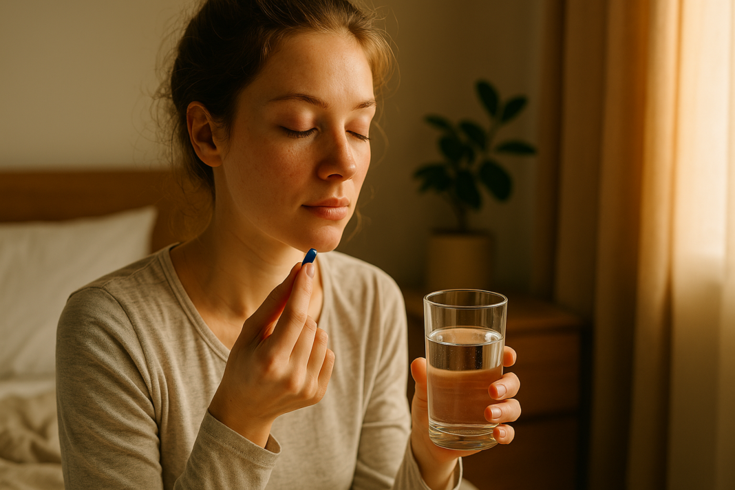 A young Caucasian woman sits calmly in a softly lit bedroom during the morning, holding a blue sleeping pill and a glass of water. Her peaceful expression and the warm sunlight emphasize a tranquil moment representing the use of non addictive sleeping pills.