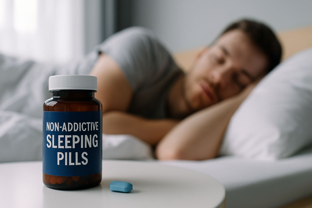 An amber bottle labeled “Non-Addictive Sleeping Pills” sits in focus on a white bedside table, with a blue tablet beside it. In the blurred background, a man rests peacefully, illustrating the effectiveness and calm support of safe sleep medication.