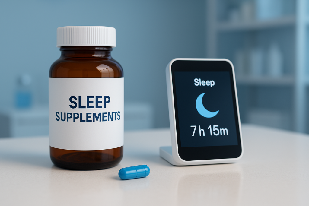 A clean clinical countertop displays a bottle of sleep supplements with a digital sleep monitor beside it, illuminated by cool, sterile lighting. This composition symbolizes the clinical safety and data-driven approach of non addictive sleep medication and wellness monitoring.