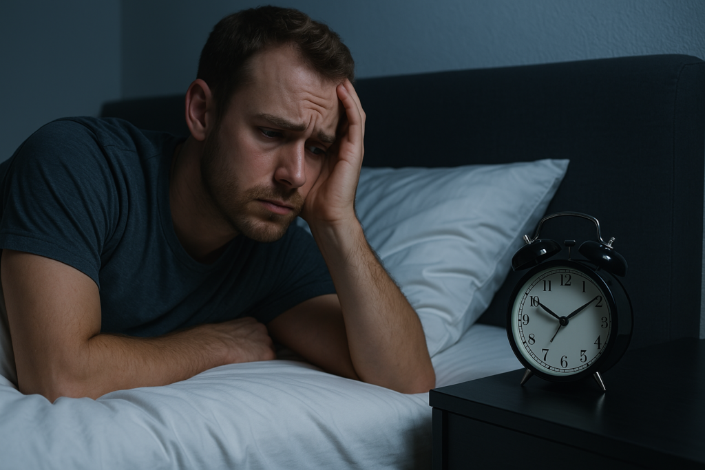 A photograph captures a young Caucasian man with light brown hair sitting on the edge of a bed in a dimly lit room, holding a journal and pen as he prepares to log his sleep cycle. The contemplative setting symbolizes the daily effort required to manage non 24 hour sleep wake disorder and understand the body’s unpredictable circadian rhythm.