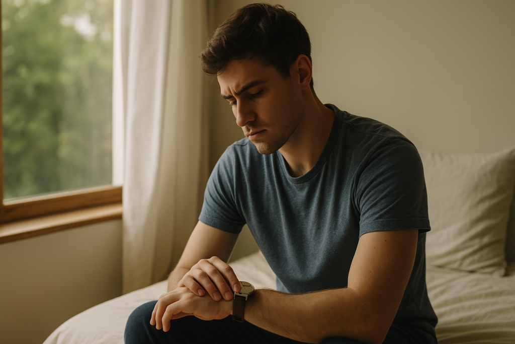 A photograph captures a young Caucasian man with short brown hair sleeping peacefully on a modern bed in soft morning light, his face illuminated gently by sunlight filtering through a window. The calm, serene atmosphere reflects the challenges of managing non 24 hour sleep wake disorder and highlights how circadian misalignment can disrupt natural rest patterns.