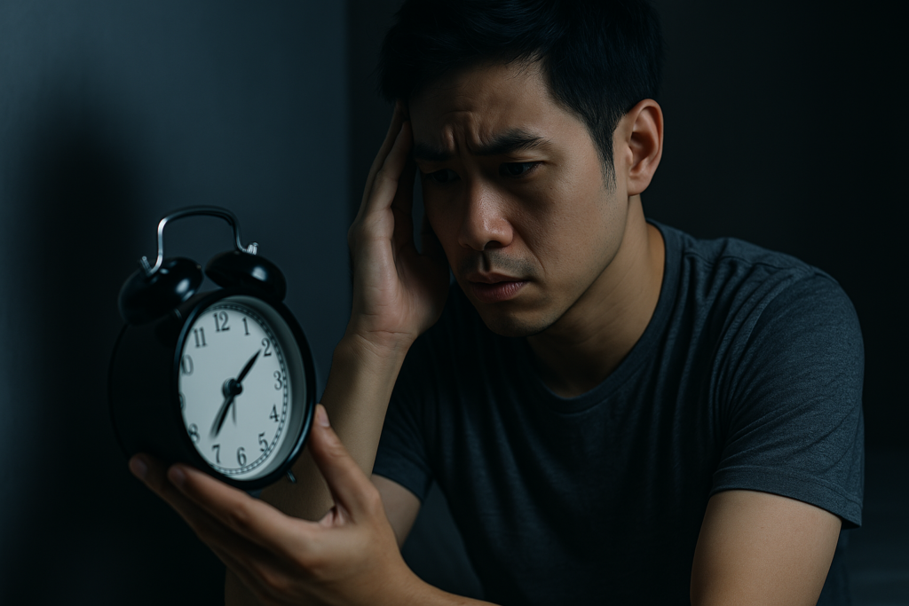 A young Asian man in a dimly lit room holds an old-fashioned alarm clock, staring at it with a furrowed brow and concerned expression. The cool lighting and isolated setting highlight the emotional and cognitive challenges of Non-24 Circadian Rhythm Disorder and its disorienting effect on time perception.