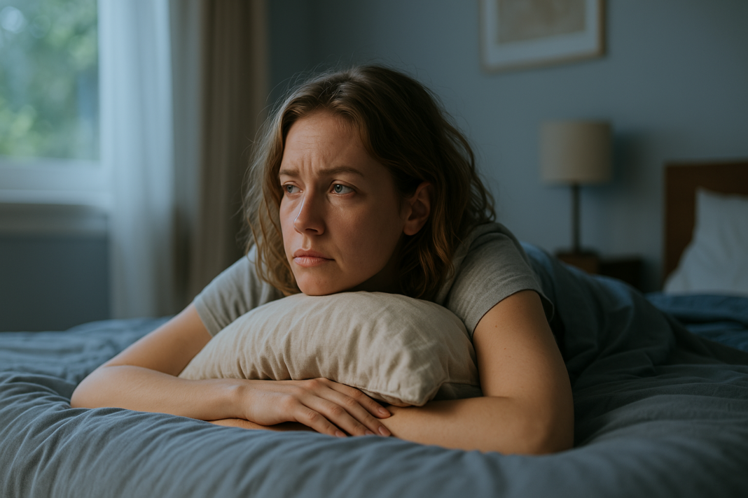 A young Caucasian woman lies awake in bed under soft natural morning light, gazing thoughtfully at the ceiling with a journal and sleep tracker on her nightstand. The minimalist bedroom and her alert expression visually represent the struggles of living with Non-24 Hour Sleep Wake Disorder and circadian rhythm misalignment.