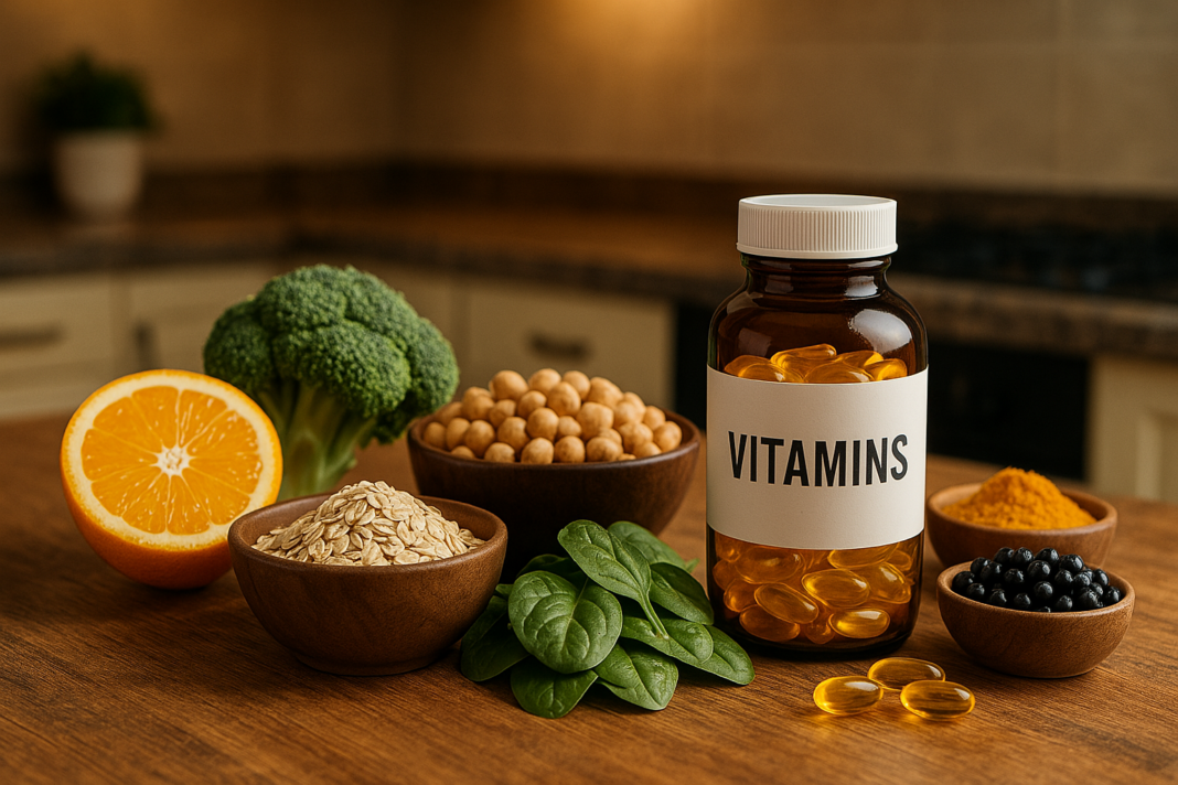 A close-up image in warm indoor ambient lighting displays an assortment of nutrient-rich foods and natural supplements on a rustic kitchen counter. The setup includes fresh fruits and vegetables like oranges and broccoli, alongside vitamins, elderberries, and oats, emphasizing whole foods that support energy, immunity, and overall wellness.