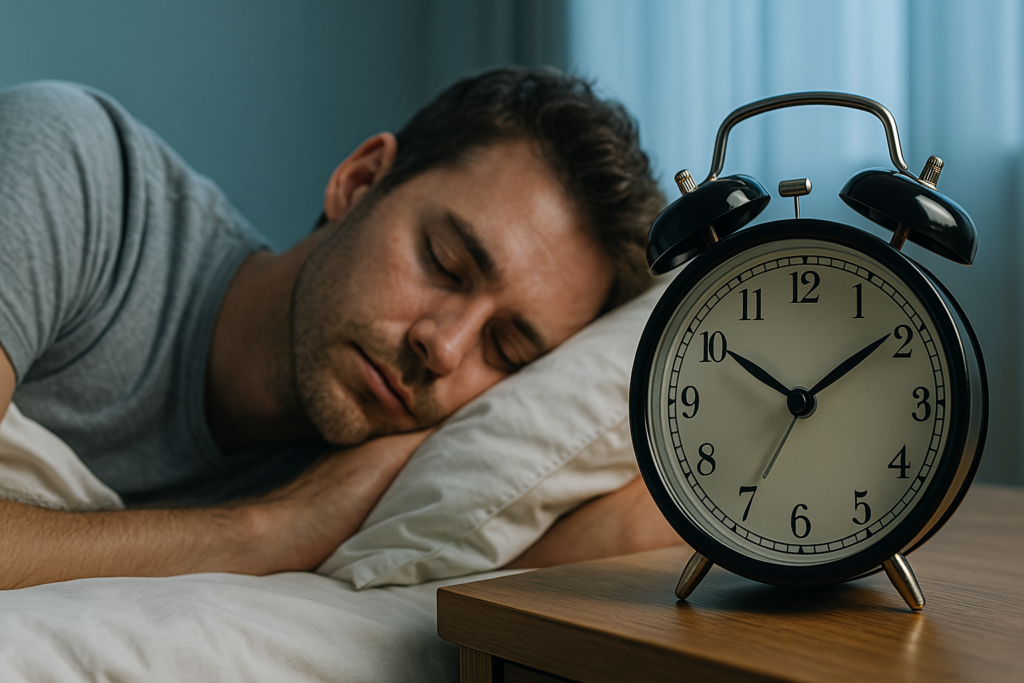 A young Caucasian man with short brown hair and a trimmed beard sleeps peacefully in a softly lit morning bedroom, while a vintage alarm clock sits nearby on a bedside table. The tranquil setting captures the body clock meaning through rest, rhythm, and the biohacker’s pursuit of balanced sleep and health.