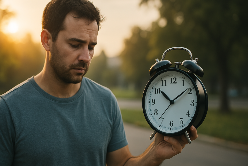 A light-skinned man in his early 30s stands outdoors in soft morning sunlight, holding a classic twin-bell alarm clock while gazing at it thoughtfully. The serene, suburban background and warm natural lighting highlight the concept of aligning with the internal alarm clock and understanding body clock meaning in a biohacking context.