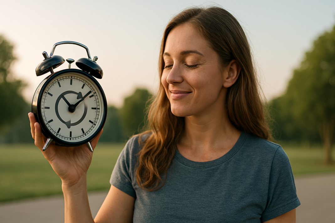 A young Caucasian woman with long, light brown hair stands outdoors in soft morning light, gently holding an analog alarm clock. Her relaxed expression and the natural park backdrop visually convey themes of body clock meaning and internal circadian rhythm alignment.