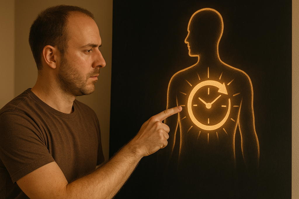 A light-skinned man in his early 30s points thoughtfully at a glowing anatomical diagram of the human circadian rhythm, set against a dark background with dramatic shadows. The warm golden lighting emphasizes the internal body clock concept, making the theme of biohacking and energy optimization visually clear.