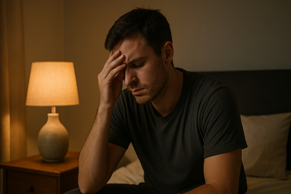 A young Caucasian man sits on the edge of his bed at night, rubbing his temple with visible fatigue and concern as warm indoor lighting softly illuminates his face. This quiet, reflective moment captures the emotional impact of disrupted sleep patterns and the need to fix a bad sleep schedule.