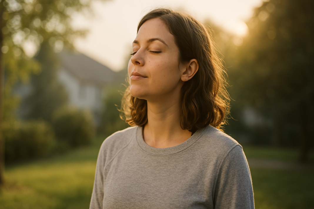 A young Caucasian woman stands outdoors in soft natural morning light, her eyes closed and face relaxed as she absorbs the sun’s warmth. This serene moment visually symbolizes resetting the internal clock and restoring a healthy sleep schedule through circadian rhythm alignment