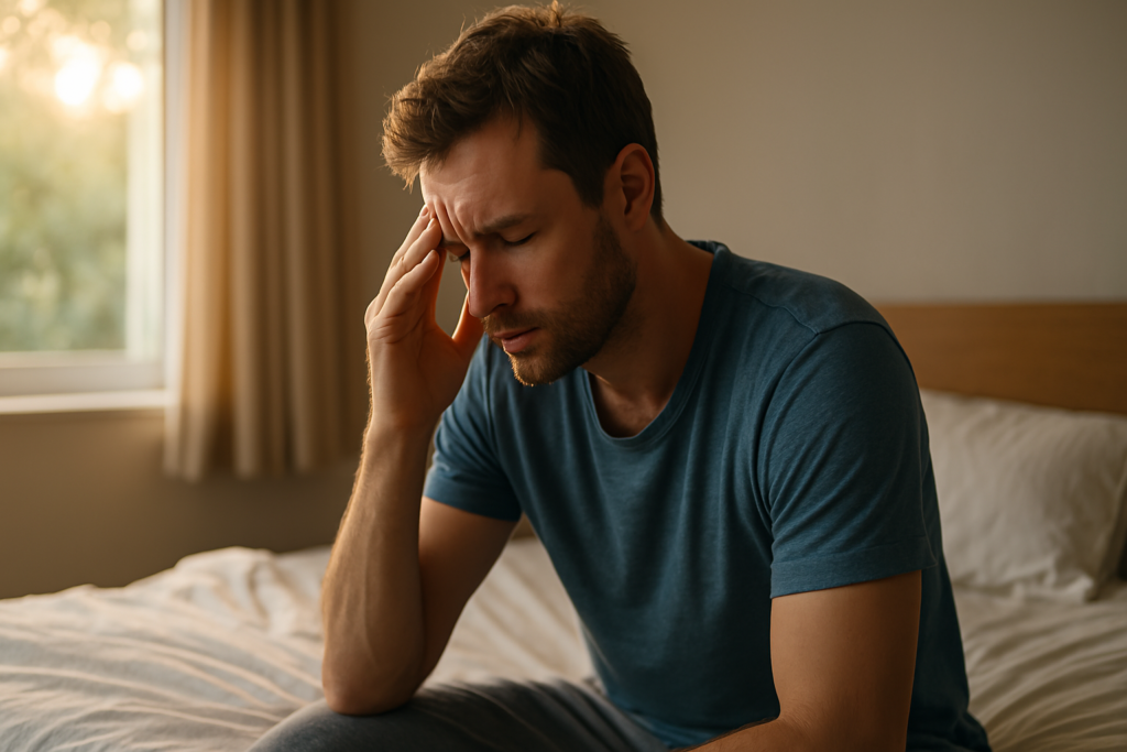 A light-skinned Caucasian man in his 30s sits on a bed in a softly lit bedroom, resting his temple on one hand with a tired expression, illuminated by natural morning light that symbolizes the challenge of resetting a disrupted internal clock and improving circadian rhythm.