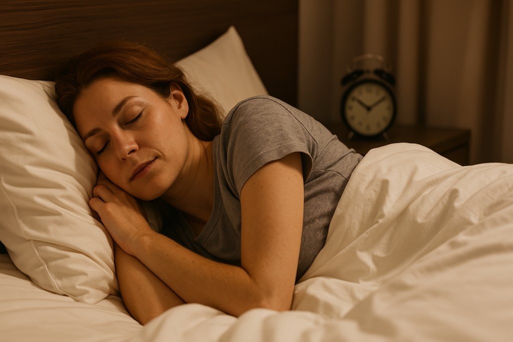 A Caucasian woman in her 30s with auburn hair sleeps peacefully on her side with her head on a white pillow, framed by a dark wood headboard, while a classic black alarm clock rests nearby—evoking the theme of restoring healthy sleep and resetting the internal clock.