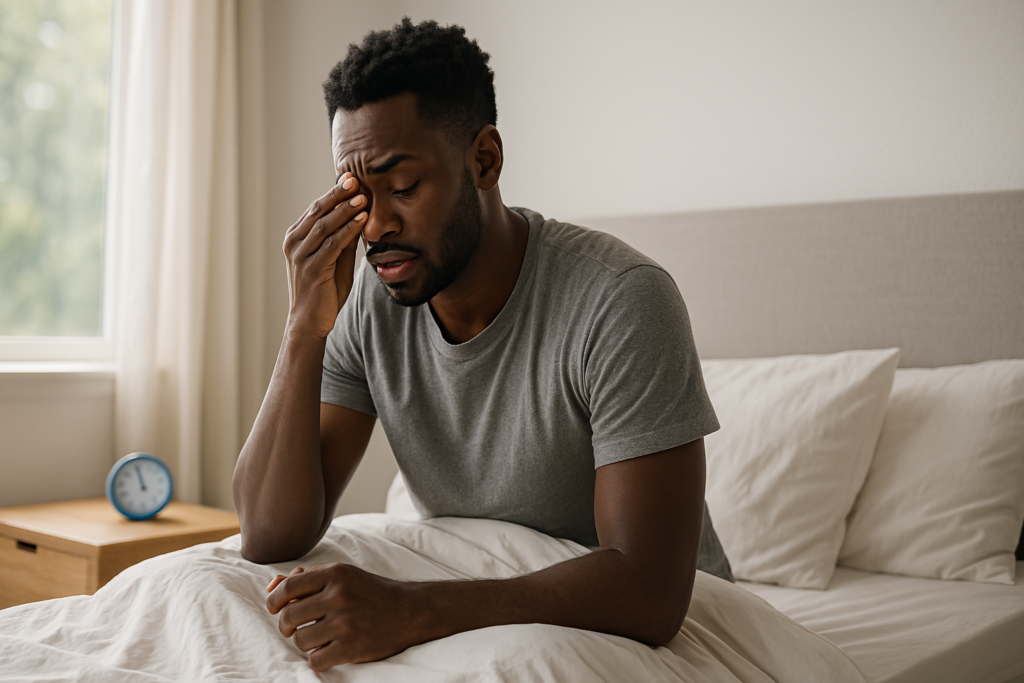 A young African American man sits on the edge of his bed in soft natural morning light, wearing a gray t-shirt and holding his forehead in visible fatigue. The neutral-toned room and gentle lighting reflect the emotional toll of sleep deprivation and the need for natural strategies to restore deep rest.