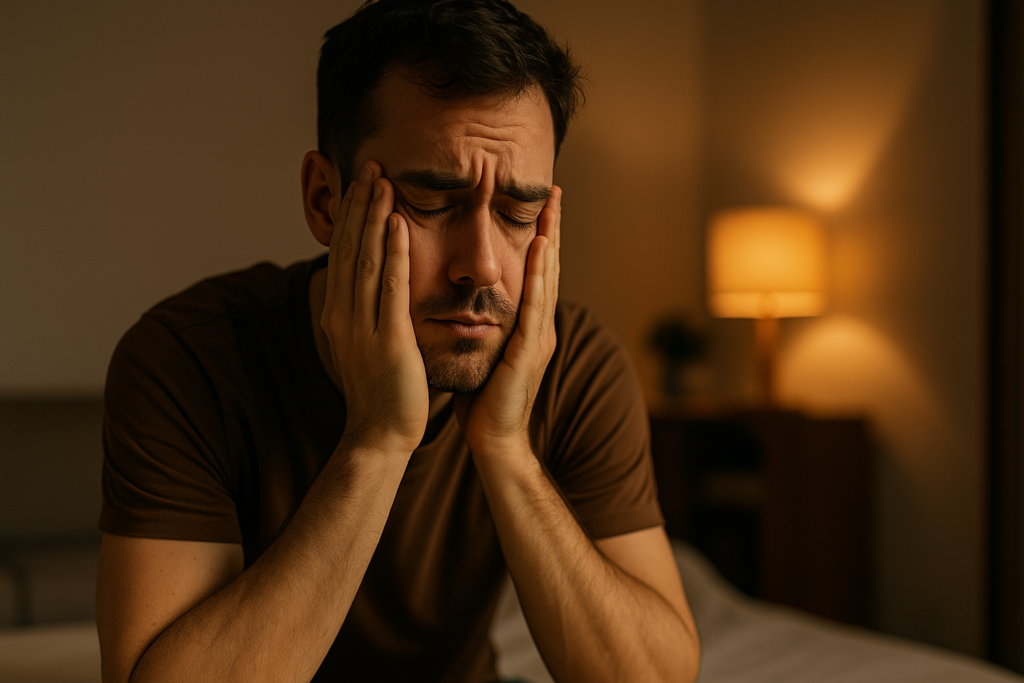 A young Caucasian man with light stubble sits in a warmly lit room, holding his face in his hands as he stares down in fatigue. The ambient lighting from a nearby lamp casts a gentle glow, highlighting the emotional toll of sleep deprivation and the quiet struggle for rest and recovery.