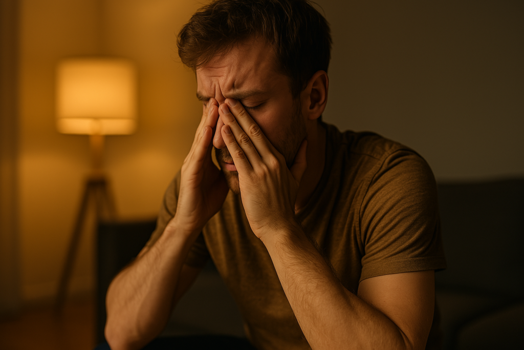 A weary young Caucasian man sits in a warmly lit room with his forehead resting in his hands, wearing a mustard-colored shirt. The emotional tension in his body language, softened by ambient light, conveys the struggle with sleep deprivation and the quiet yearning for deep rest.