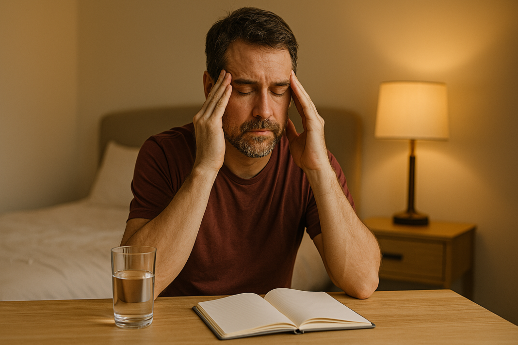 A middle-aged Caucasian man with graying hair and beard sits at a wooden desk in a softly lit bedroom, gently massaging his temples with his eyes closed. Surrounded by warm tones and a calming atmosphere, the image reflects natural approaches to help sleep deprivation and regain mental clarity through restorative rest.