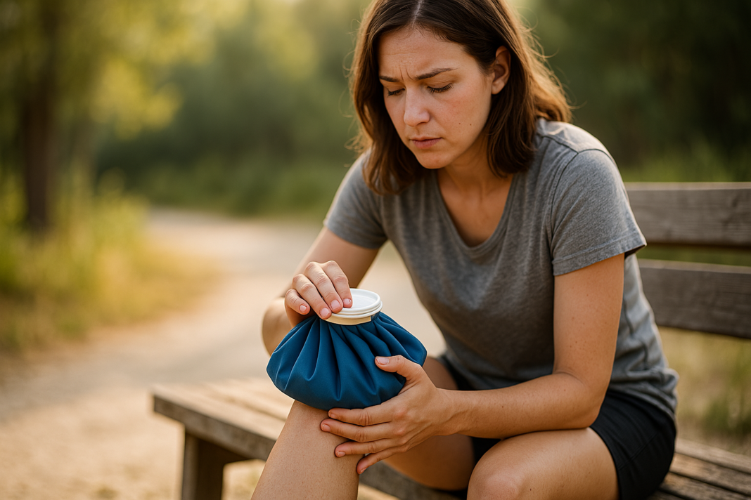 A young woman seated on a park bench applies an ice bag to her knee under soft natural morning light, surrounded by trees and a dirt path. This scene visually supports the use of the best ice packs for injuries in outdoor recovery routines.