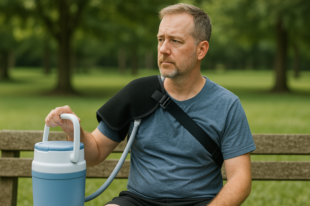 Man in a blue t-shirt using a shoulder ice machine while sitting on a park bench, looking contemplative; surrounded by soft-focus greenery in a quiet natural environment.