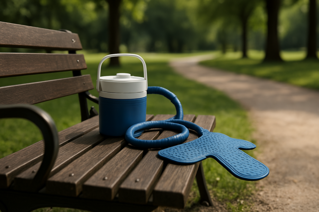 Cold therapy machine placed on a wooden park bench with a coiled tube and blue anatomical pad, set against a sunlit path and green trees in a peaceful outdoor setting.