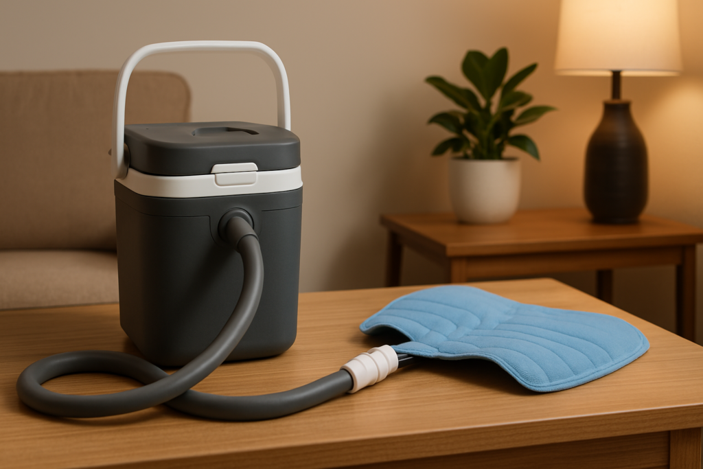 Medical ice therapy device with a gray cooler and blue shoulder pad resting on a wooden coffee table in a calm, modern living room with warm lighting and a potted plant in the background.