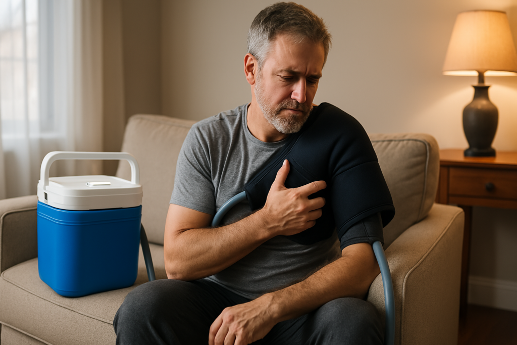 Middle-aged man using a shoulder ice machine for post-surgery recovery while seated on a beige couch in a softly lit living room with a blue cold therapy unit beside him.