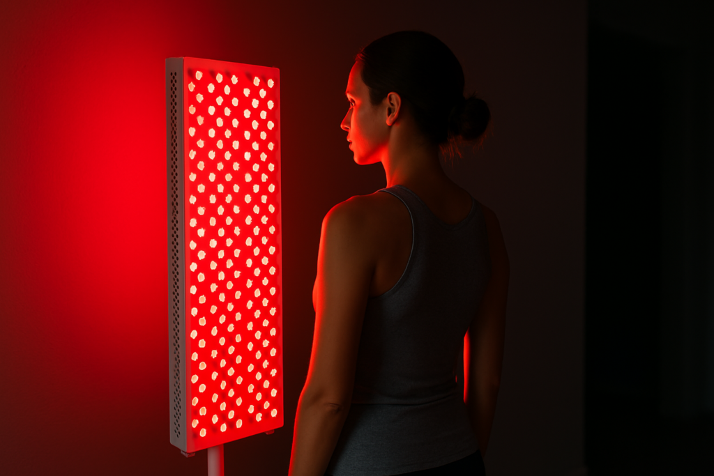 A young woman with her hair in a bun stands near a red light therapy panel, bathed in warm red light against a minimalistic indoor backdrop. The focused lighting and clean environment highlight the modern science and lifestyle integration of red light therapy before and after use.