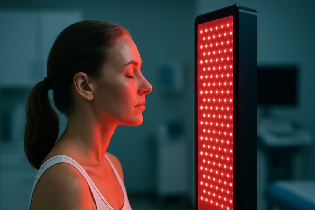 A woman with fair skin stands calmly in front of a vertical red light therapy panel inside a sleek wellness clinic, with cool teal walls and white furnishings providing a clinical ambiance. The image captures the contrast between therapeutic red light and modern medical environments, visually emphasizing the growing popularity and benefits of red light therapy at home and in clinical settings.