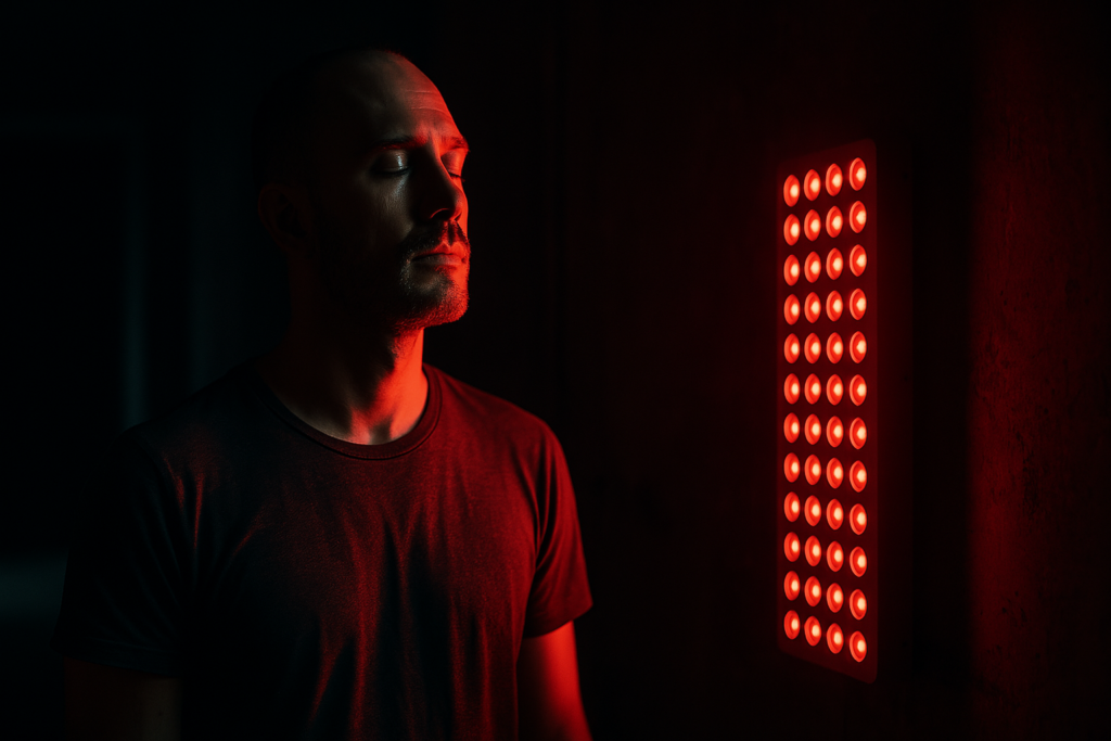 A man in his mid-30s with a shaved head is bathed in red light from a therapy panel, his face calm and contemplative, framed by moody shadows in a darkened room. The striking contrast between light and darkness visually reinforces the transformative nature of red light therapy before and after consistent use.