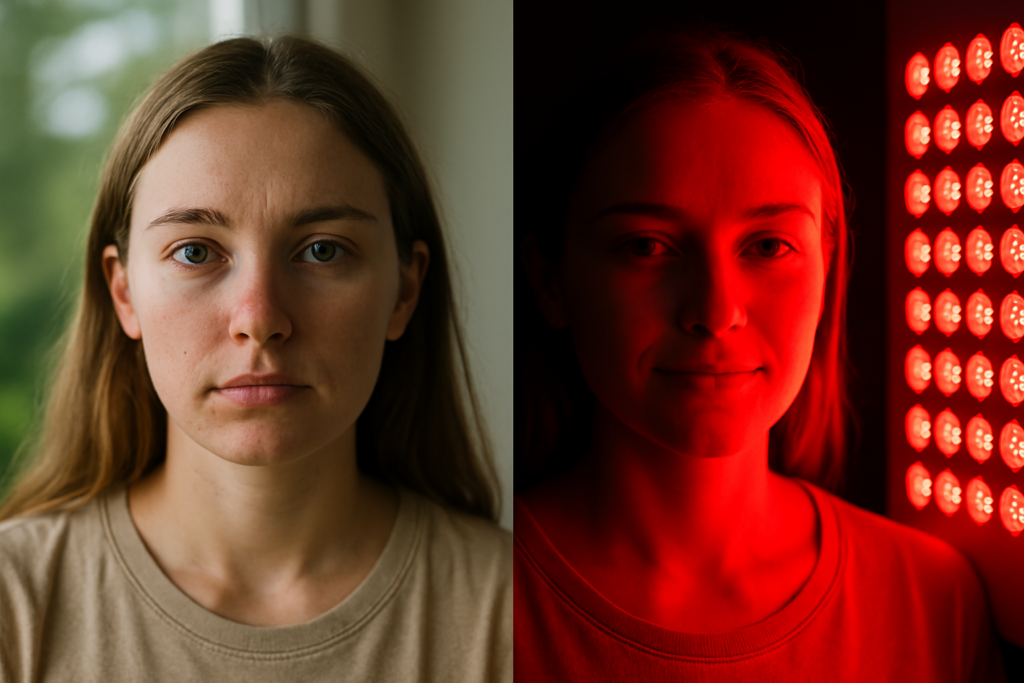 A split-screen image shows a young woman’s face before and after red light therapy, with the left side in natural sunlight highlighting blemishes and the right side glowing under red LED therapy, revealing smoother, clearer skin. The visual contrast effectively captures the real-world impact of red light therapy before and after for skincare and complexion improvement.