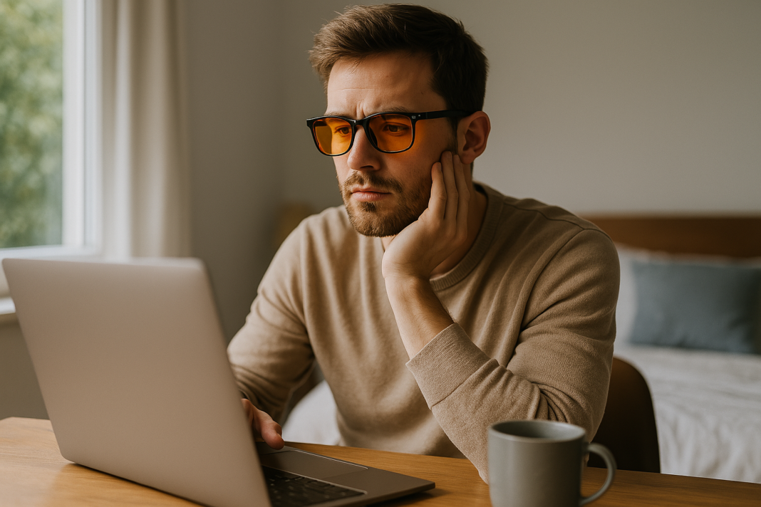 A photograph captures a young Caucasian man with light skin wearing amber-tinted blue light glasses while working on a silver laptop at a wooden desk. Natural morning light streams through a window, emphasizing his focused expression and the role of blue light glasses in protecting circadian health and supporting restful sleep.