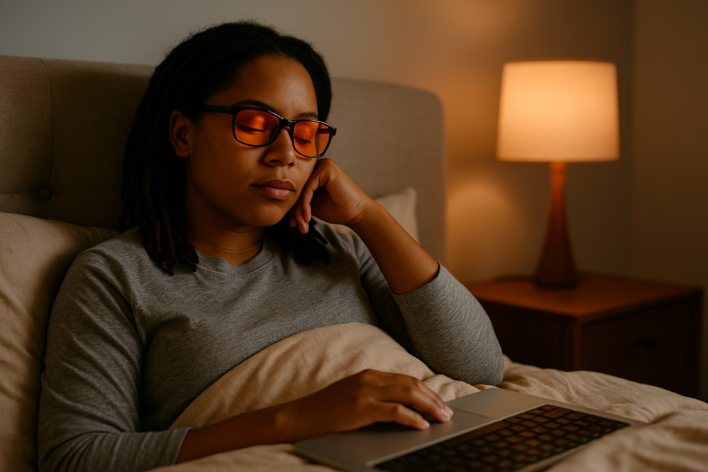 A photograph shows a young African American woman with dreadlocks wearing amber-tinted blue light blocking glasses while resting on a beige bed in a warmly lit bedroom. The soft ambient lighting and cozy setting reflect how blue light glasses may support sleep quality by reducing exposure to artificial light before bedtime.