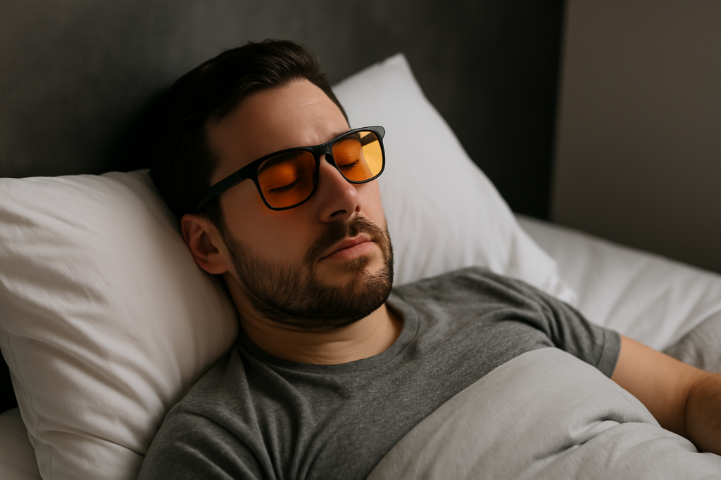 A photograph captures a Caucasian man in his late twenties reclining on a white bed with his eyes closed, wearing amber-tinted blue light glasses. The calm setting and even lighting emphasize how blue light glasses may support relaxation and circadian health by reducing nighttime screen-related disruption before sleep.