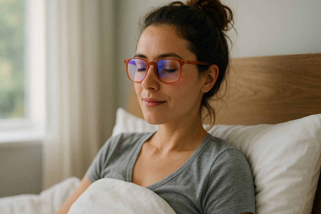 A young Caucasian woman sits calmly in bed during early morning light, wearing amber-tinted eyeglasses for sleeping as she checks her phone. The natural lighting and serene atmosphere reflect the importance of using sleeping glasses to support circadian health and reduce blue light exposure before bed.
