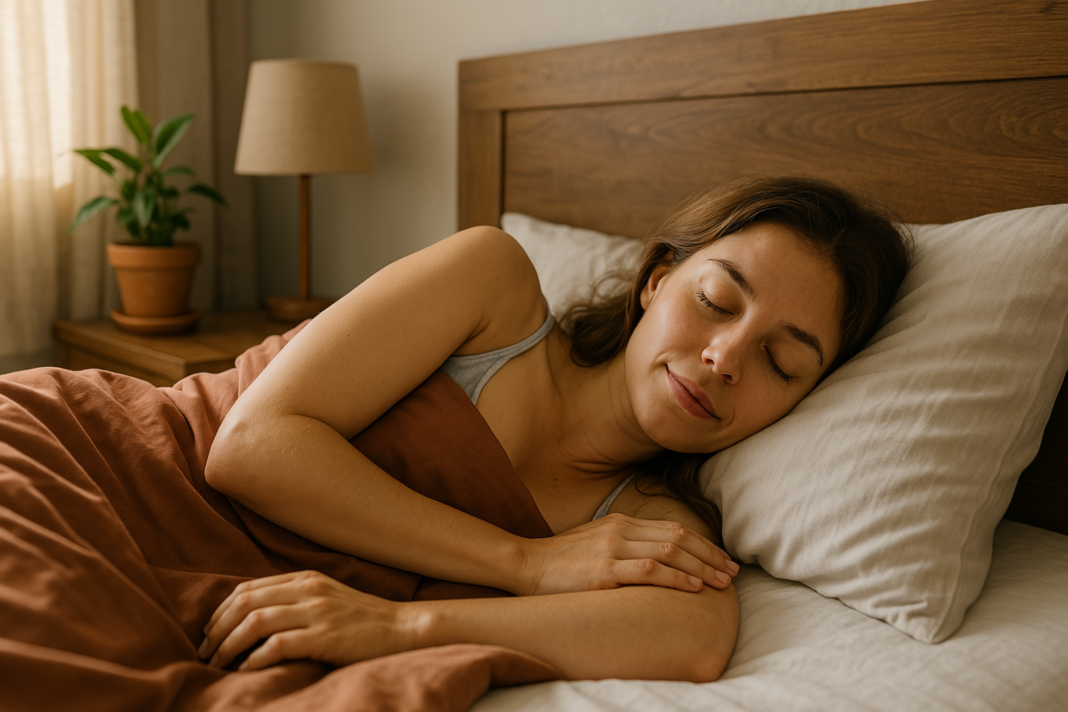 A high-resolution photograph features a young woman with long brown hair sleeping peacefully in a warmly lit bedroom, framed by soft morning light and rustic furniture. The scene captures the tranquility of an ideal environment for enhancing REM sleep and achieving restorative rest naturally.