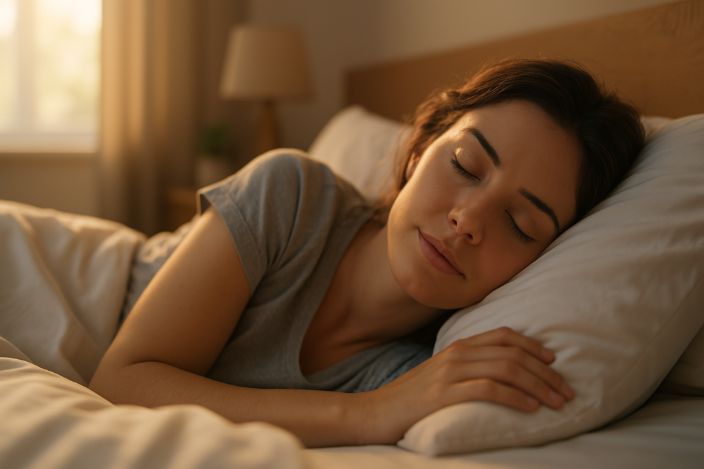A photograph captures a young Caucasian woman in her early 30s peacefully sleeping on her side in soft natural morning light, her expression calm and content. The cozy bedroom setting with warm wood tones and a potted plant evokes a restful environment for improving REM sleep quality naturally.