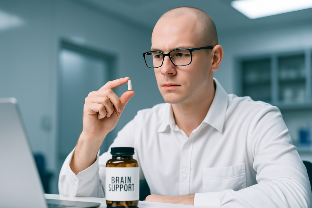 A digital photograph shows a young, bald, Caucasian man in a white lab coat examining a white capsule at a clinical desk under cool overhead lighting. A bottle labeled “Brain Support” sits beside him, symbolizing supplement-based strategies to enhance REM sleep and cognitive recovery.