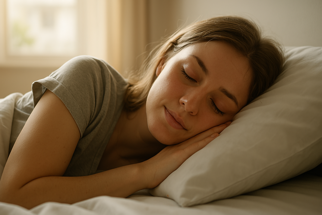 A young Caucasian woman sleeps peacefully in a sunlit bedroom, with soft morning light filtering through a nearby window. The calm atmosphere and natural light emphasize restful deep sleep and healthy sleep cycles, reflecting the body’s need for REM and core restorative rest.